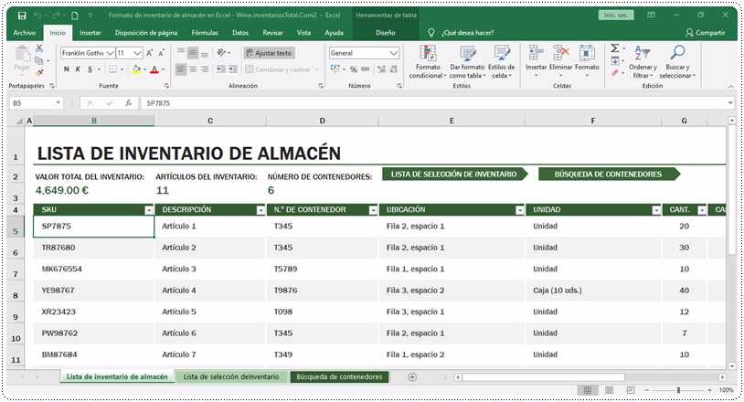 Formato de inventario de almacén en Excel