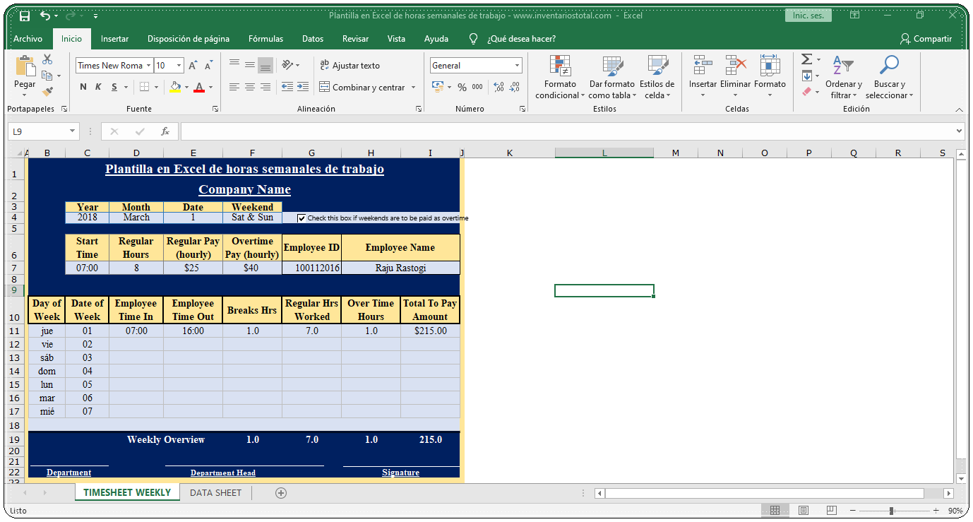 Plantilla en Excel de horas semanales de trabajo
