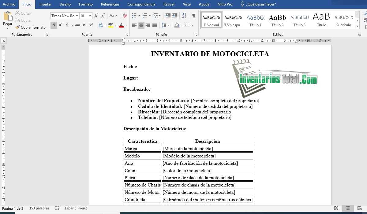inventario de motocicleta word