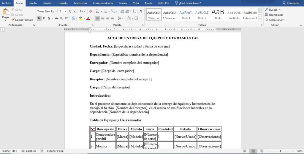 acta de entrega de equipos y herramientas word