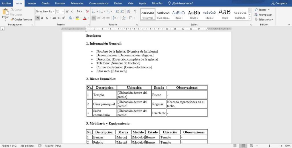 formato como levantar un inventario de una iglesia
