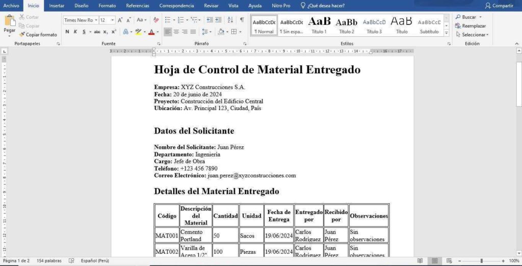 hoja de control de material entregado