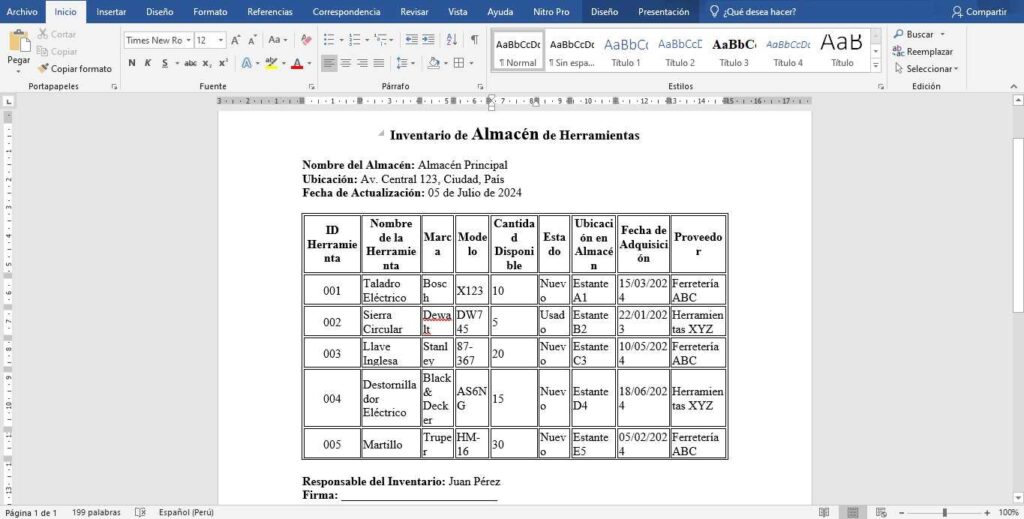 inventario de almacen de herramientas