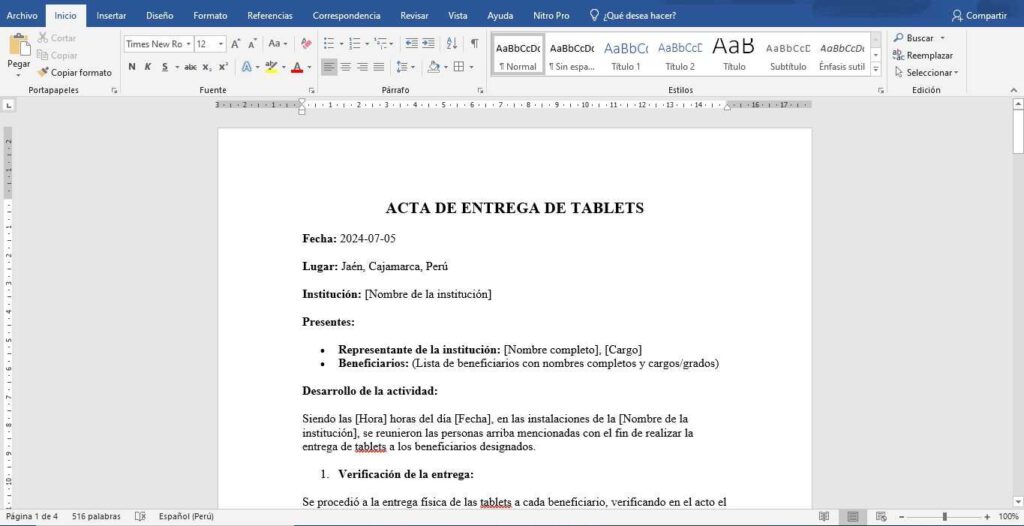modelo de acta de entrega de tablets en word