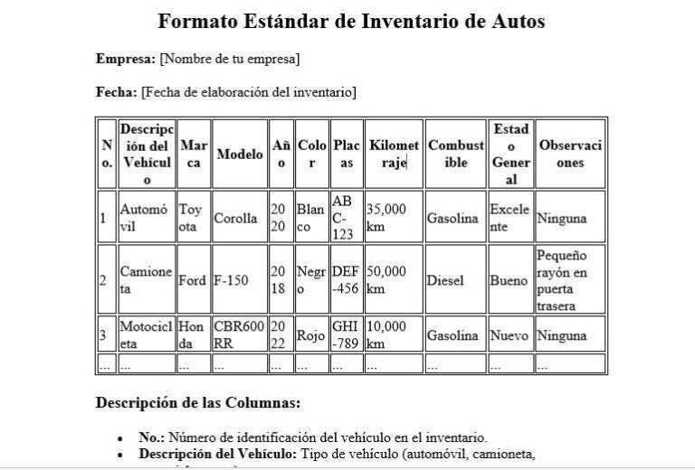Formato de inventario físico de autos gratis | INVENTARIOSTOTAL